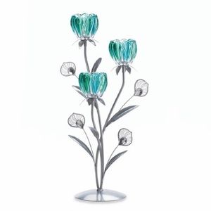 Iron Glass Blue Peacock Bloom Triple Candle Holder Indoor Outdoor Decor